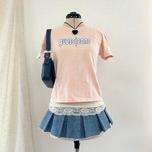 Vintage Y2K 90s Guess Womens Pink Baby Tee Size M/L Spellout Short Sleeve Top